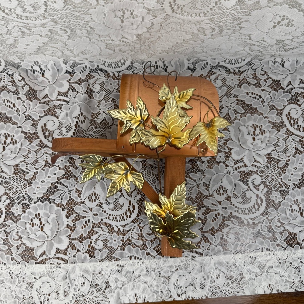 Vintage Wood and Copper Decorative Mailbox Wall Shelf with Gold Maple Leaves